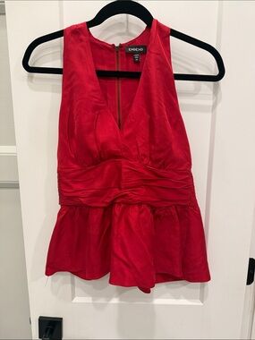 bebe Red Sleeveless V-Neck Ruched Peplum Camisole